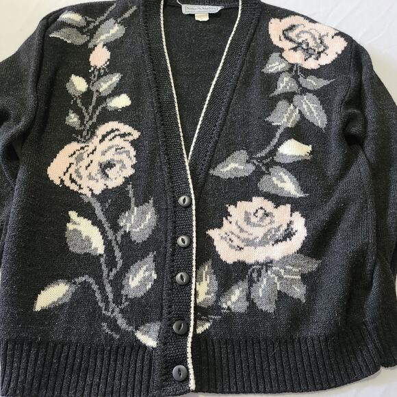 VTG Norton McNaughton Cardigan Black Roses Large Cottagecore Cozy - Picture 5 of 11